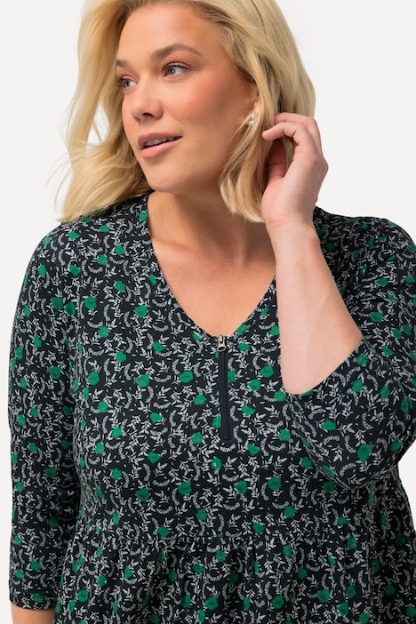 Jerseykleid, Blüten, A-Linie, V-Ausschnitt, 3/4-Arm