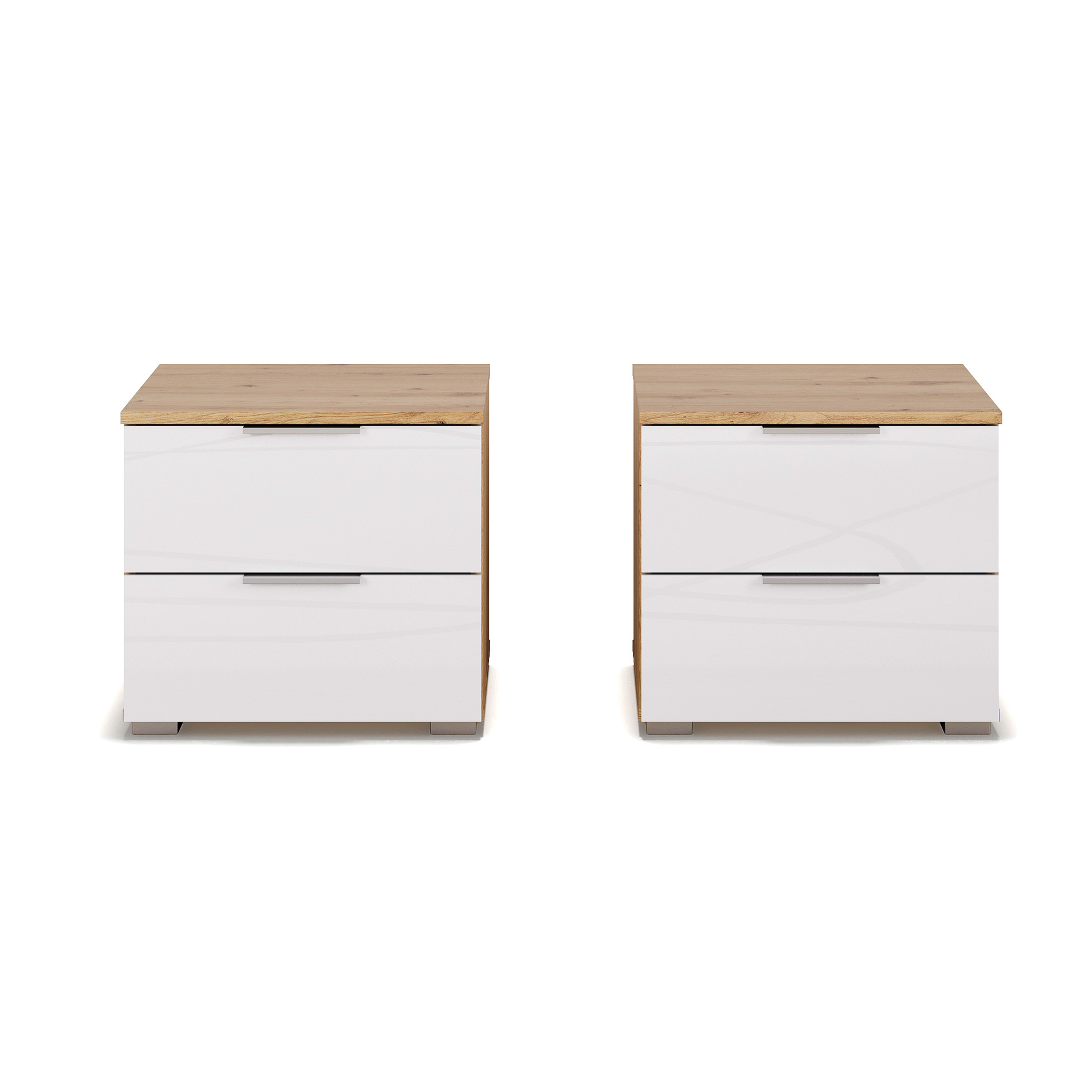 2er-Set-Nachttisch - Artisan Eiche - Hochglanz weiß - 2 Schubkästen - 47 cm