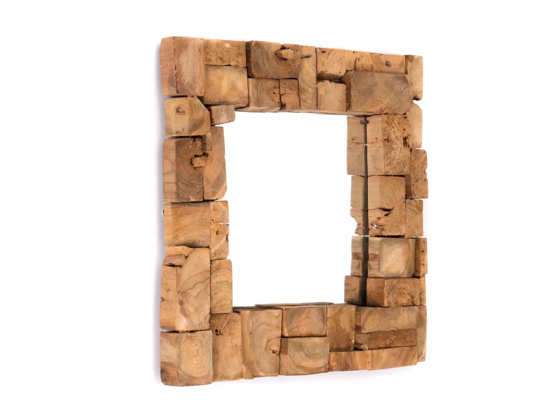 MIROIR MURAL Mosaïque 50x50 cm, bois massif, carré couleurs naturelles