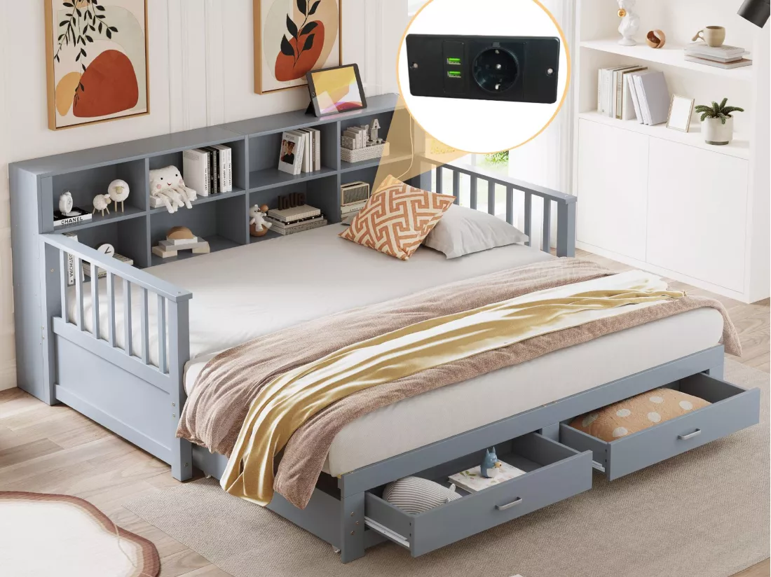 Canapé-lit gigogne en bois massif 90/180x190 cm - avec prise de charge - avec rangement - avec 2 tiroirs - sommier à lattes - gris（matelas non inclus)