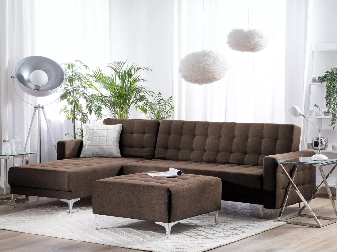 Canapé angle gauche convertible en tissu marron foncé 4 places avec pouf ABERDEEN