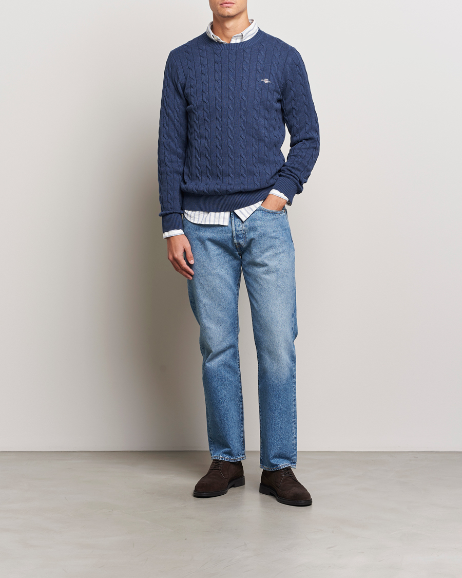 GANT Cotton Cable Crew Neck Dark Jeans Blue Melange