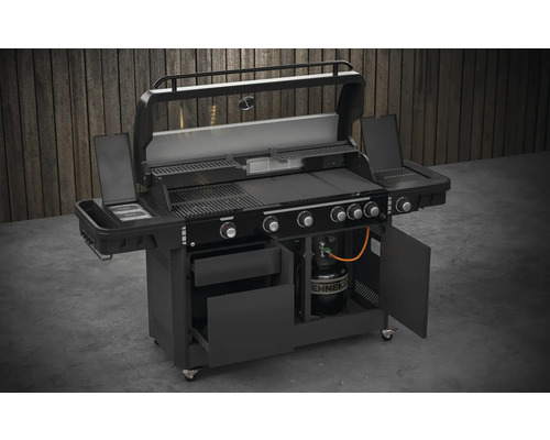 Tenneker® Halo TG-5 U Gasgrill 204,6 x 65,6 x 117 cm 5-pits + zijbrander en achterbrander, gietijzeren rooster, platformsysteem, glazen inzetstuk in het deksel