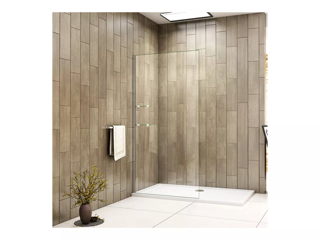 Paroi de douche fixe à l'italienne 80cm Hauteur 190cm avec 2 étagères - Verre en trempé transparent