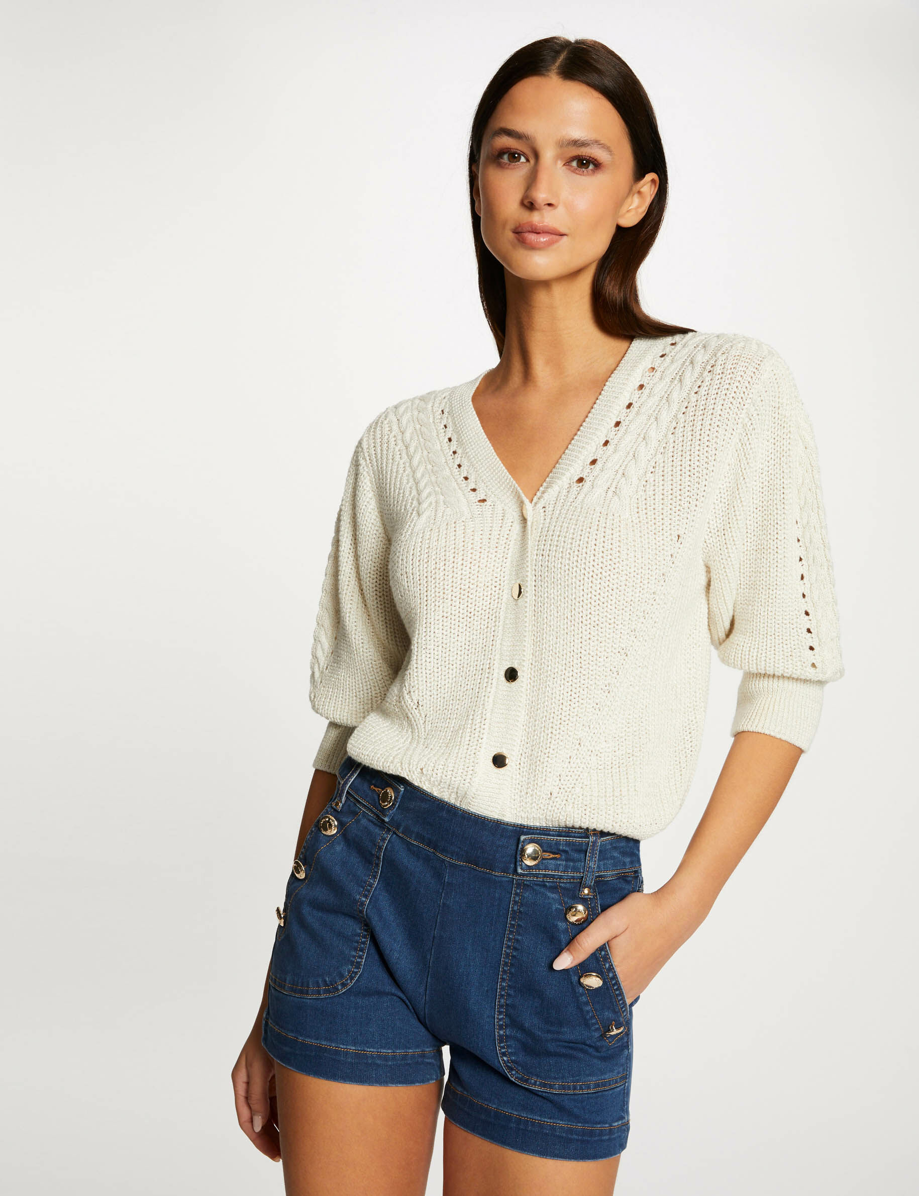 Gilet manches 3/4 avec détails torsades beige femme - beige