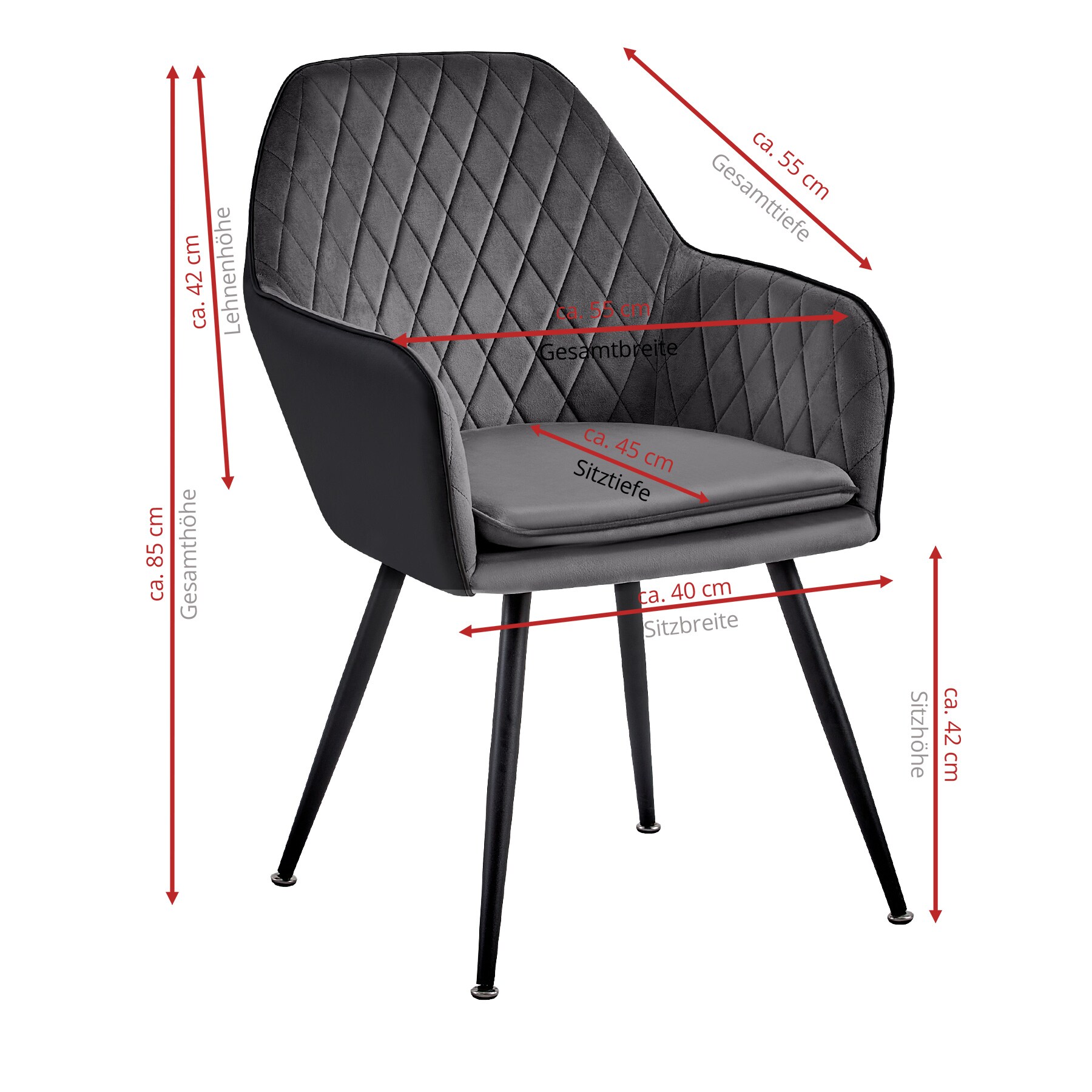 Exklusive Esszimmerstühle in Samt- und Lederoptik - pflegeleichte Loungesessel mit Armlehnen in 4 Farbvariationen - gepolsterte Küchenstühle mit abgestepptem Bezug - stabile Stühle Esszimmer mit Metallgestell