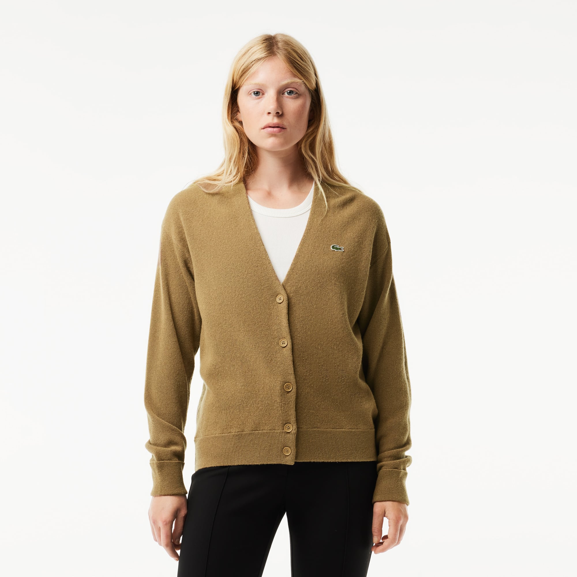 Cardigan femme Lacoste col en V en laine Pullovers - Marron - Lacoste - Femme