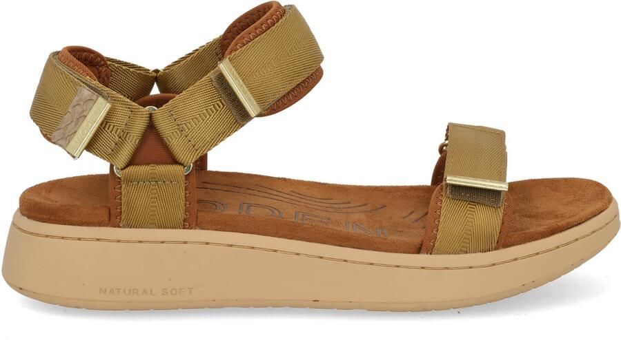 Woden Dames Platte sandalen Line Camel Textiel Plateauzool