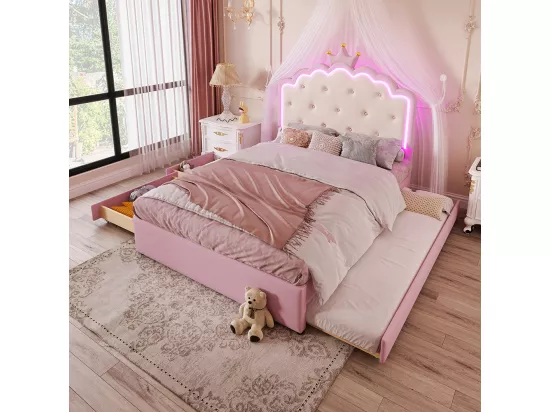 Lit rembourré 140 x 200 cm, éclairage d'ambiance avec télécommande, forme princesse, lit escamotable, PU, rose