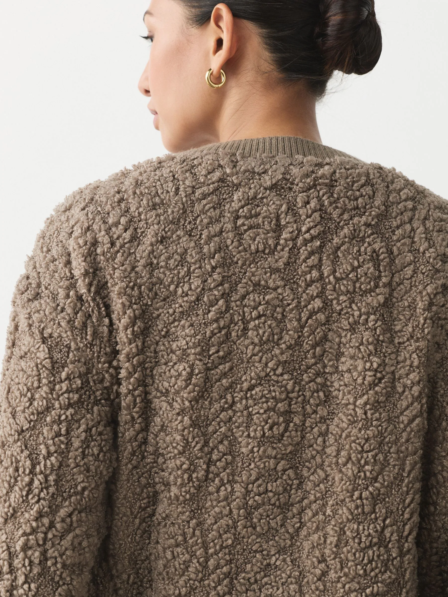 Chocolate Mocha Brown - Fluffy Borg Cable Button Through Cardigan Fleece