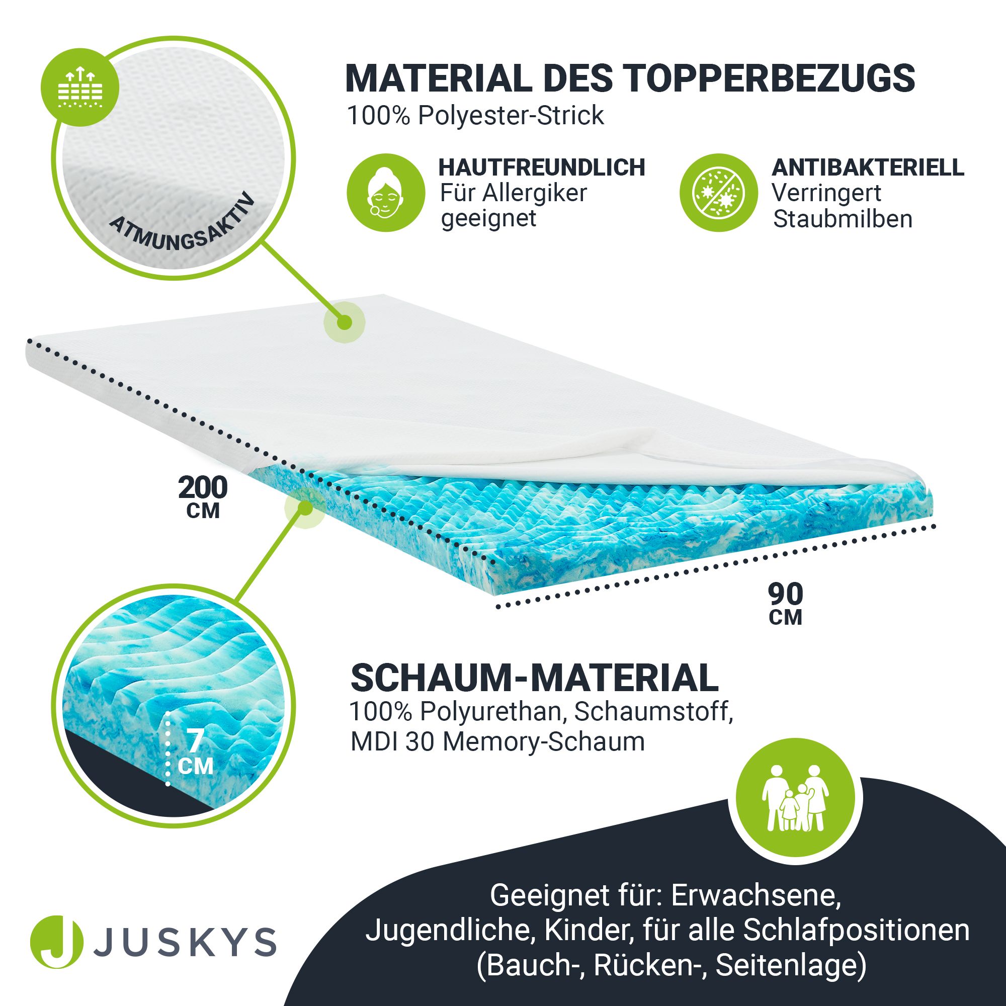Juskys orthopädischer Topper 90 x 200 cm - 7 Zonen aus Memoryschaum 7 cm dick H2 - H3
