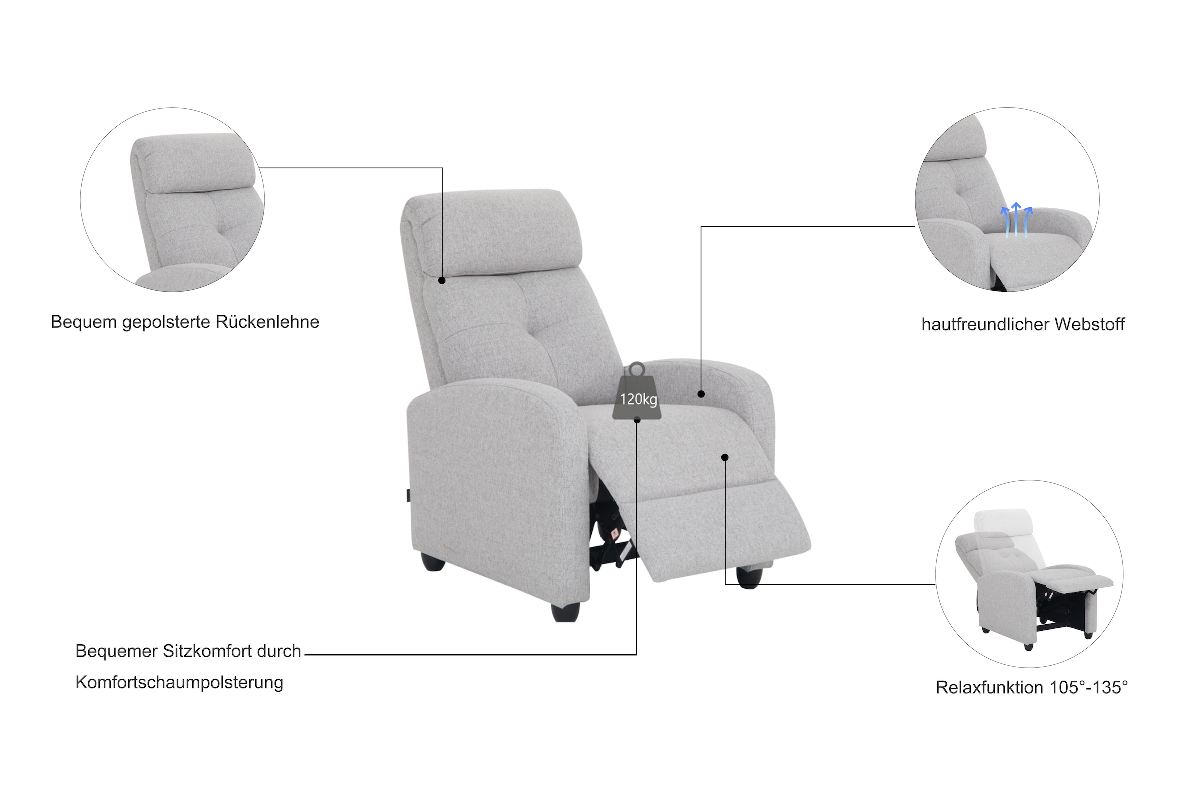 Home affaire Relaxsessel »VESOUL, TV-Sessel, Ruhesessel mit Schlaffunktion, Webstoff« Loungesessel mit manueller Relax- und Liegefunktion (105°-135°)