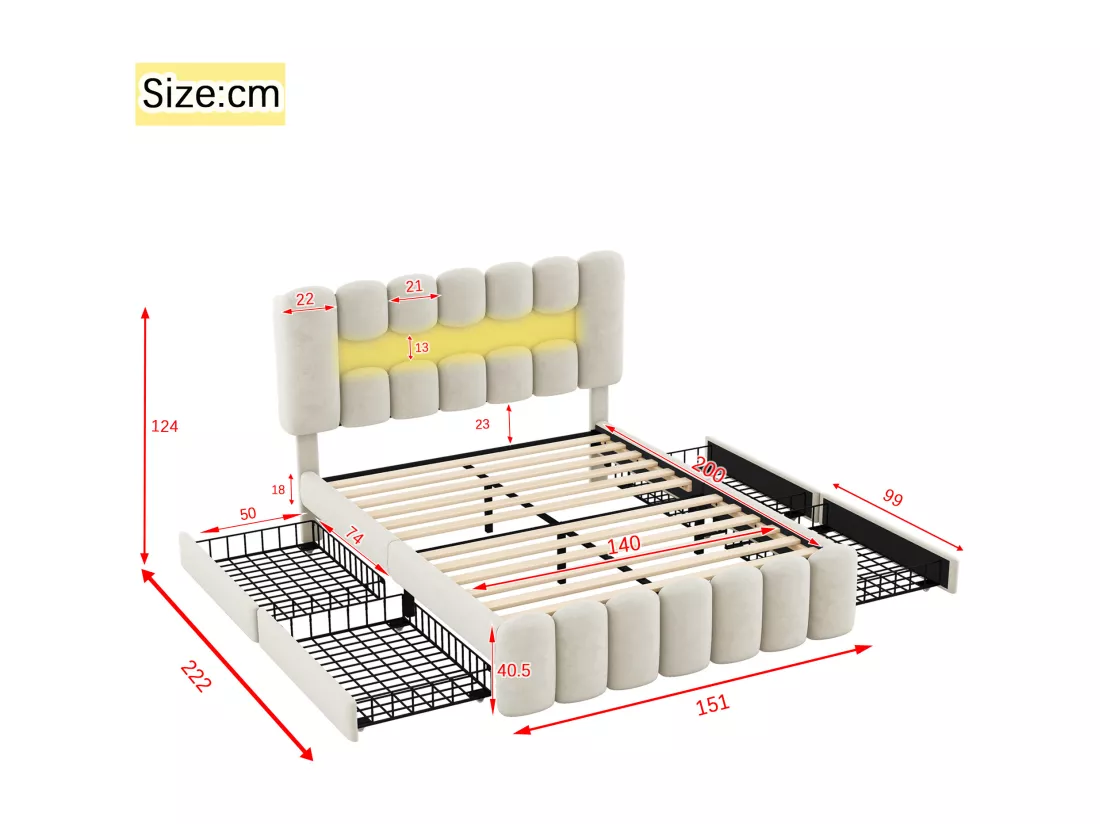 Lit capitonné 140 x 200, lit capitonné avec 4 tiroirs, lit capitonné avec bande lumineuse LED avec USB et stéréo, blanc