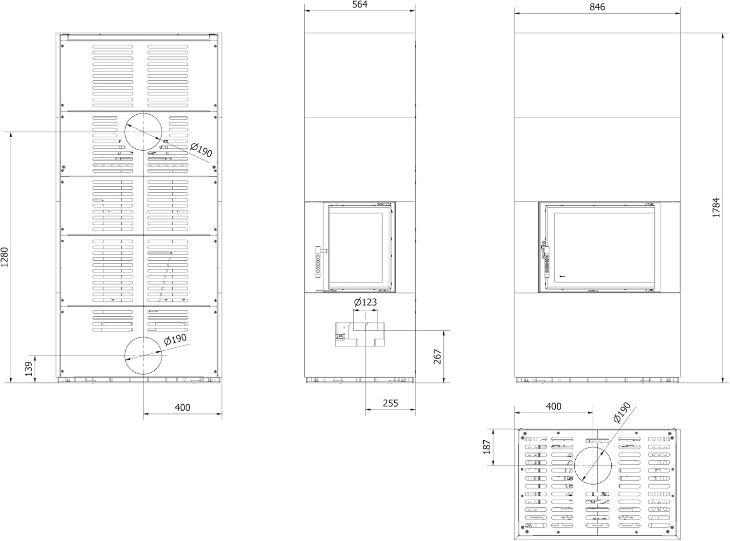 KRATKI Kaminbausatz FLOKI BOX rechts 8 kW Ø 160 Quarzsinter NERO ASSOLUTO mit Türfeder