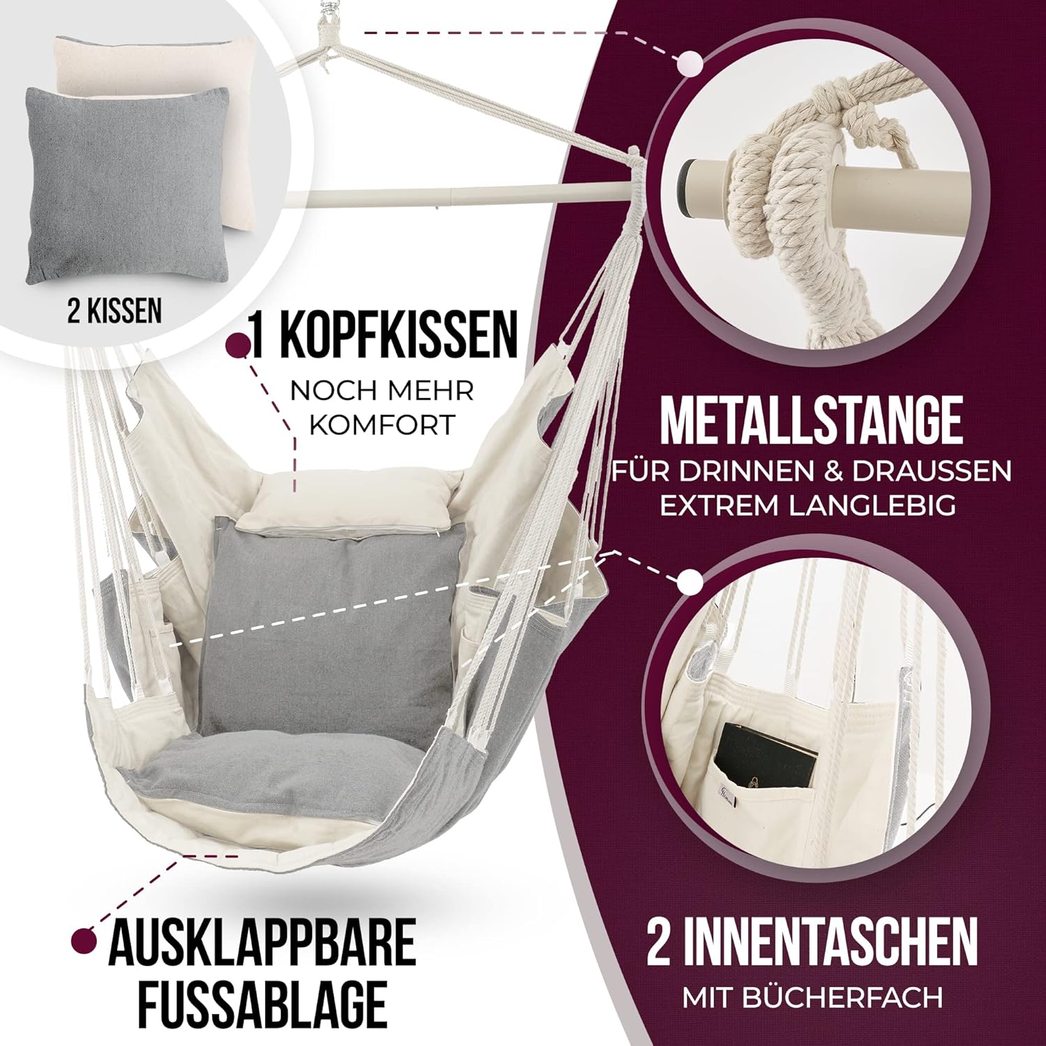 Hängesessel High-Class Outdoor & Indoor XXL [All Inclusive Paket mit Aufhängung + 3 Kissen] Kinder & Erwachsene bis 150 kg | Hängematte Wohn- Schlafzimmer, Garten Balkon Terrasse