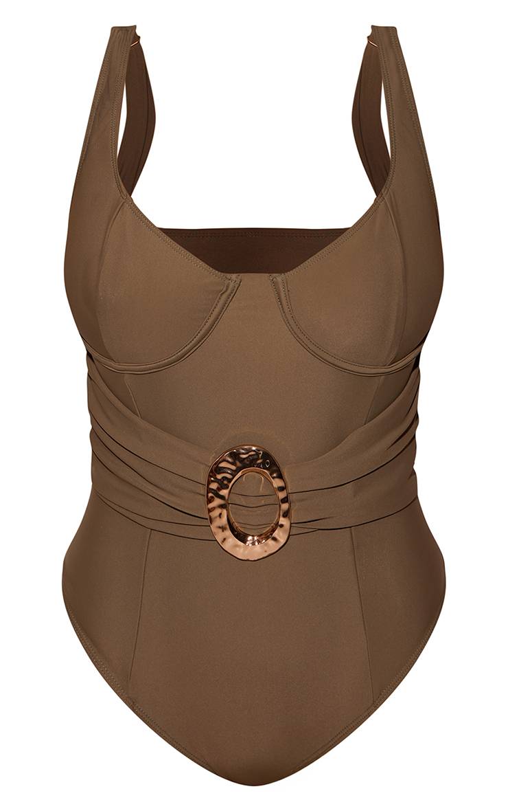 Vert Olive Maillot De Bain Gainant À Bonnets Armaturés Avec Ceinture Et Finitions Or Martelé
