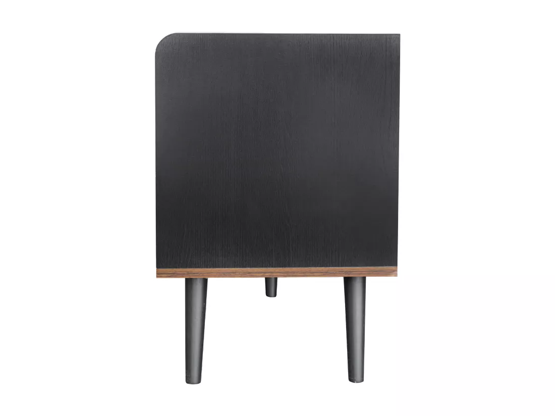 Meuble TV effet bois et noir avec 2 tiroirs au central et 2 portes coulissantes H58/L160/P40cm UNGRUDS