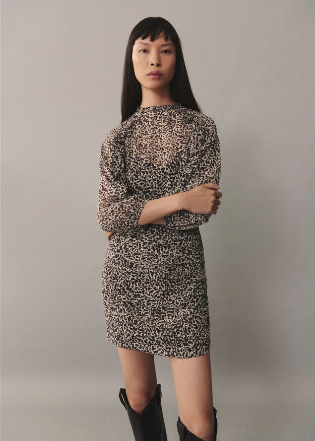 MANGO Leopard print draped dress Brown