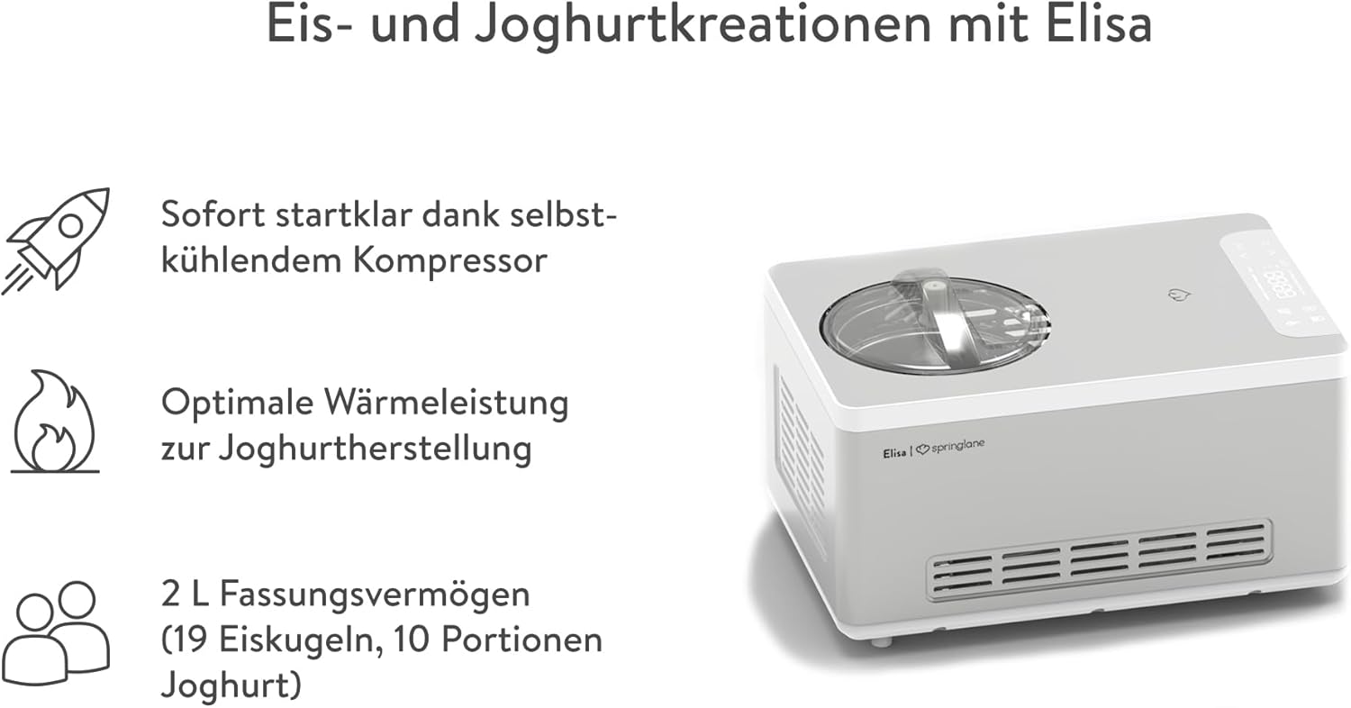 SPRINGLANE Eismaschine & Joghurtbereiter Elisa 2,0 L mit selbstkühlendem Kompressor 220 W, aus Edelstahl mit Kühl- und Heizfunktion, inkl. Rezeptheft (Elisa Silber)