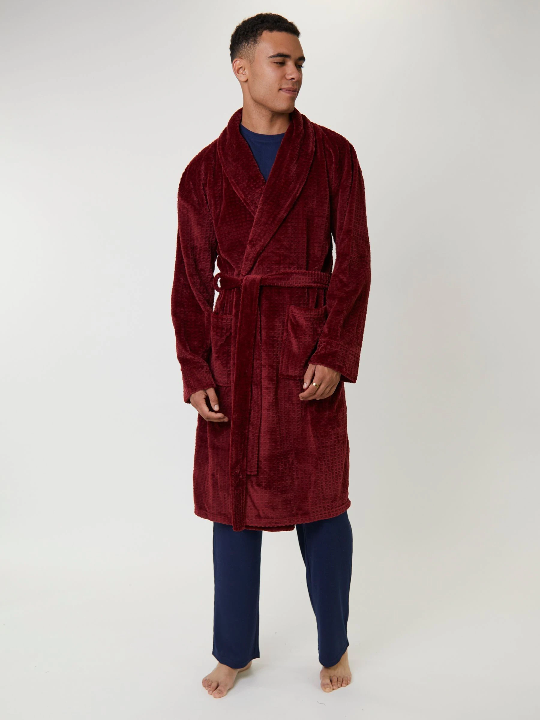 Rood - Loungeable wafelstof fleece kamerjas met sjaalkraag