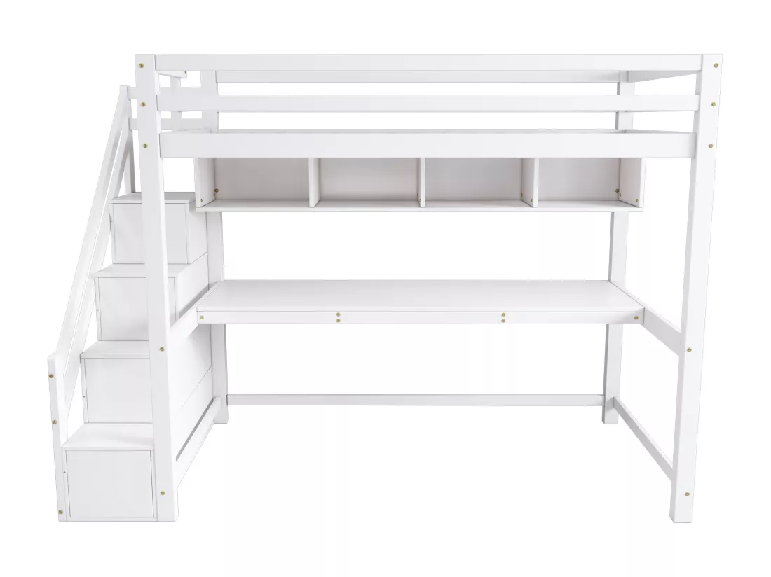 Lit mezzanine 90 x 200 cm avec bureau, tiroirs et étagères de rangement - Bois de pin - Blanc