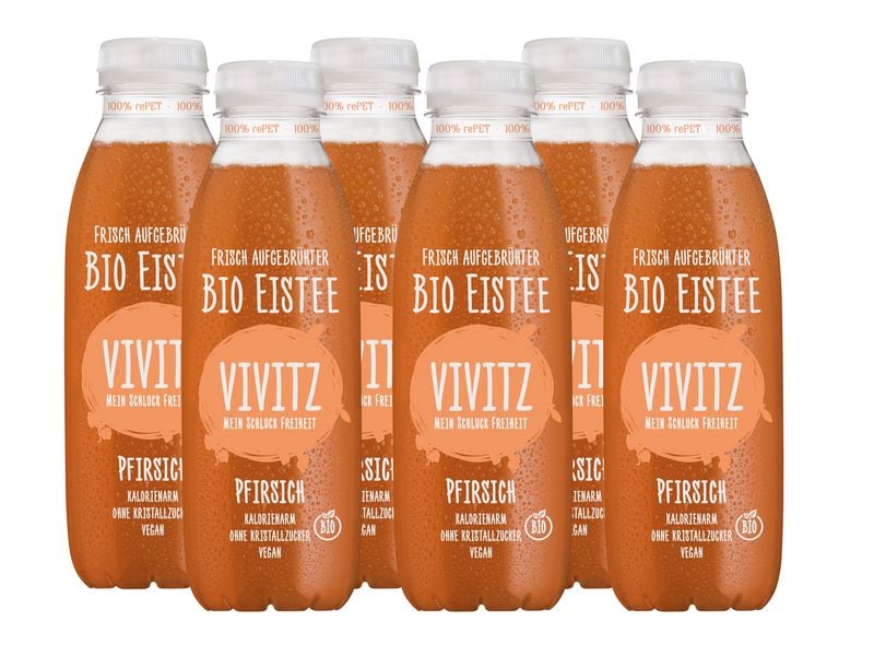 Vivitz Bio Eistee Pfirsich 6 x 0.5 l Aufguss aus Schwarztee mit Agavendicksaft, Pfirsichsaft und natürlichen Aromen
