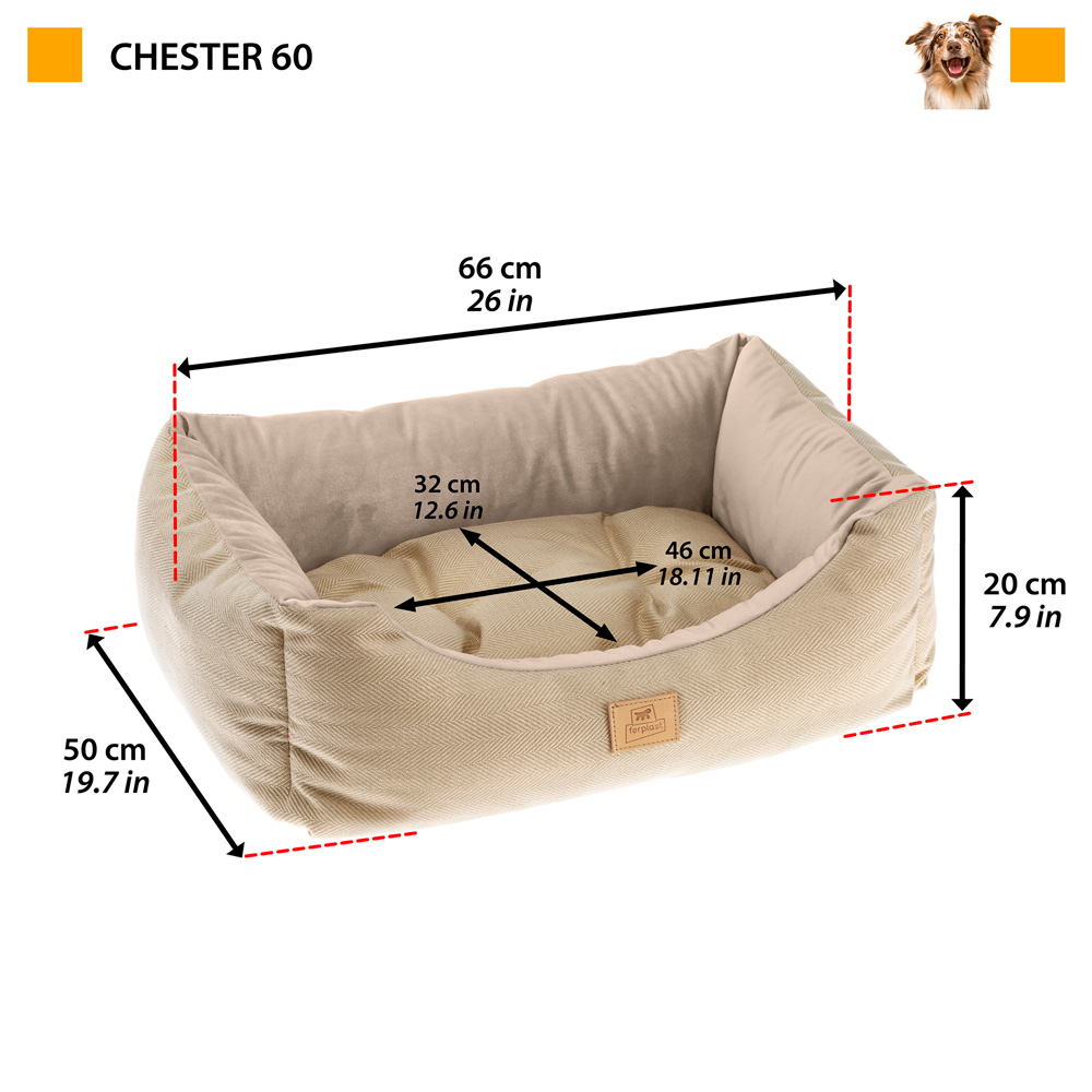 Lit chiens et chats couchage chester 60, avec coussin double-face, tweed et velours, lavable, bleu