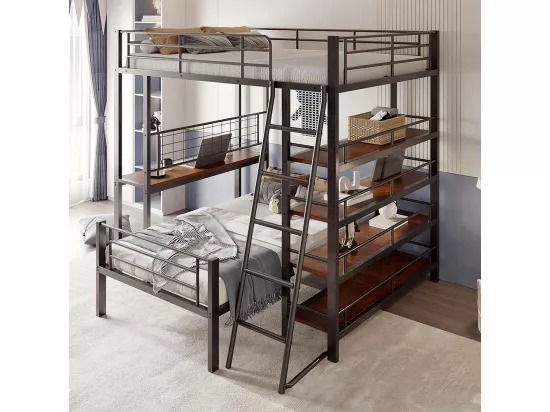 Lit superposé, cadre en métal, lit en mezzanine, 140*200, lit multifonctionnel avec plusieurs compartiments de rangement, noir