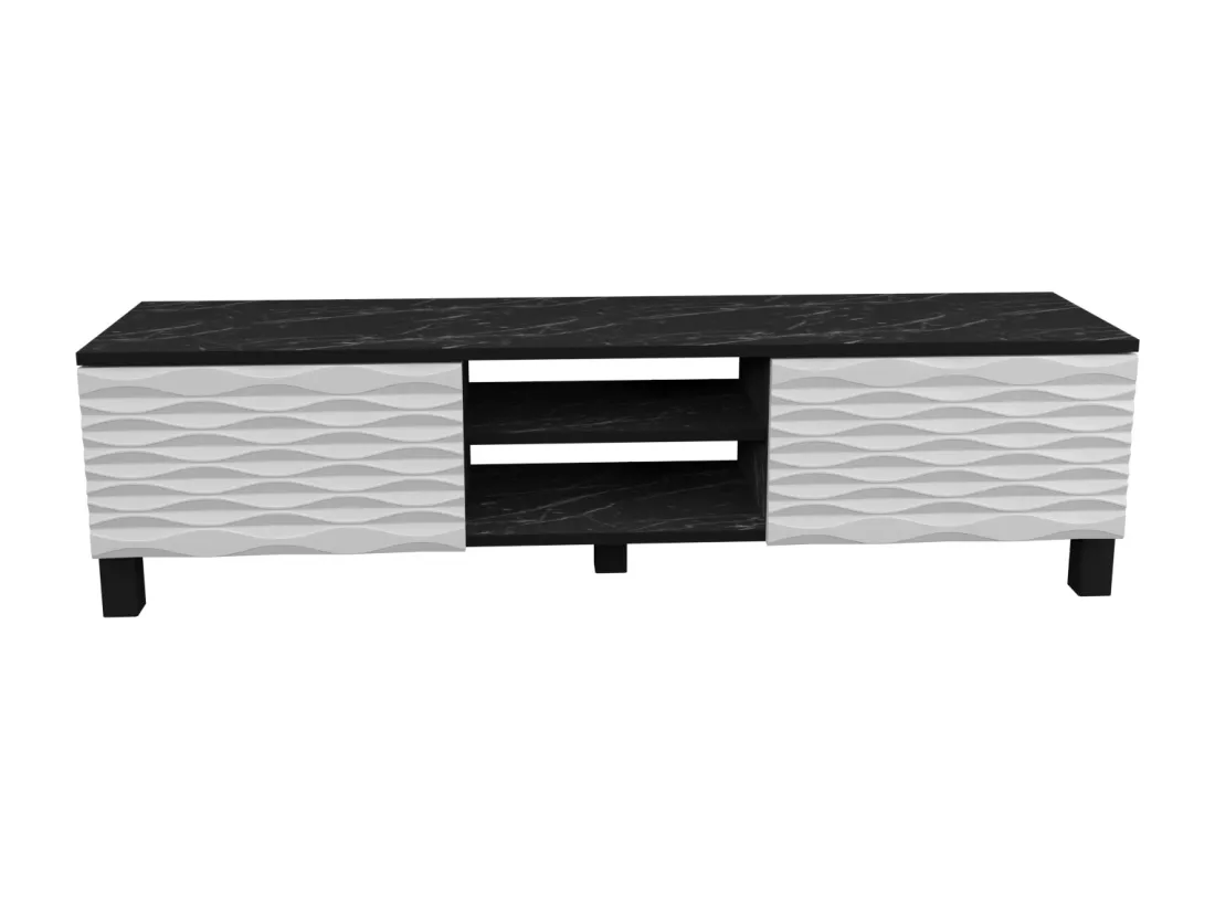 Meuble TV Lukas de 150 cm avec Armoires et Etagères Ouvertes (Effet marbre noir et blanc)