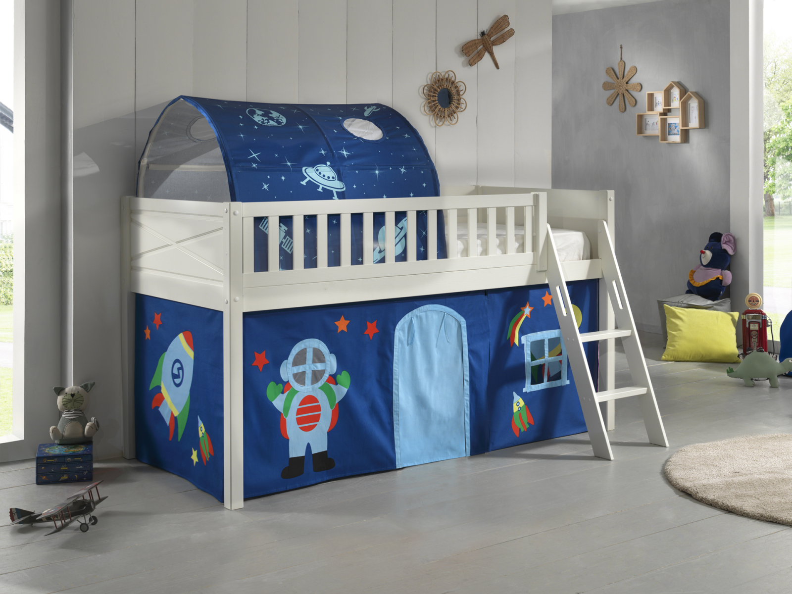Spielbett SCOTT - weiß - Astro - mit Vorhang, Leiter und Tunnel - 90x200 cm