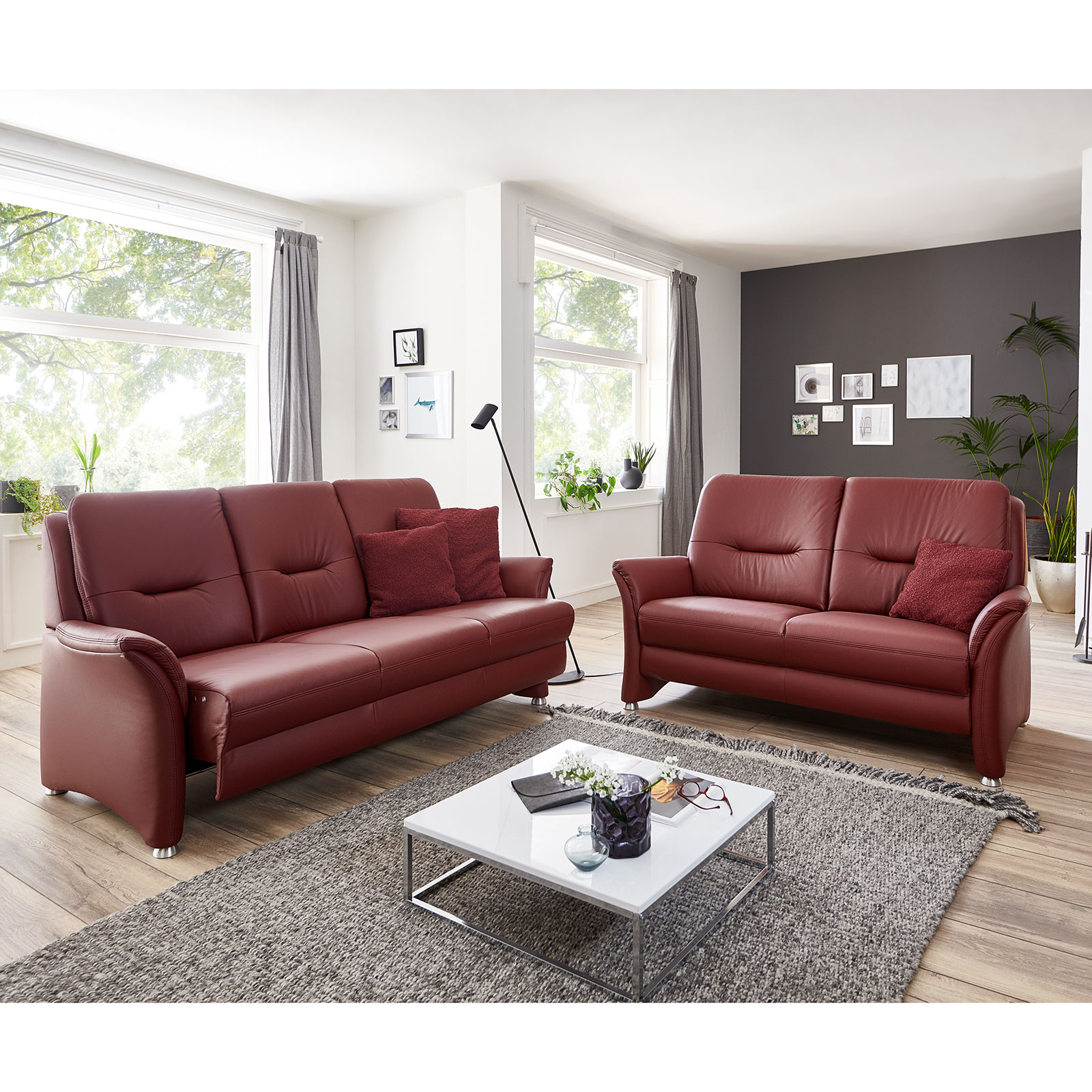 polsterpower 2,5-Sitzer Ledersofa - brombeer - Federkern
