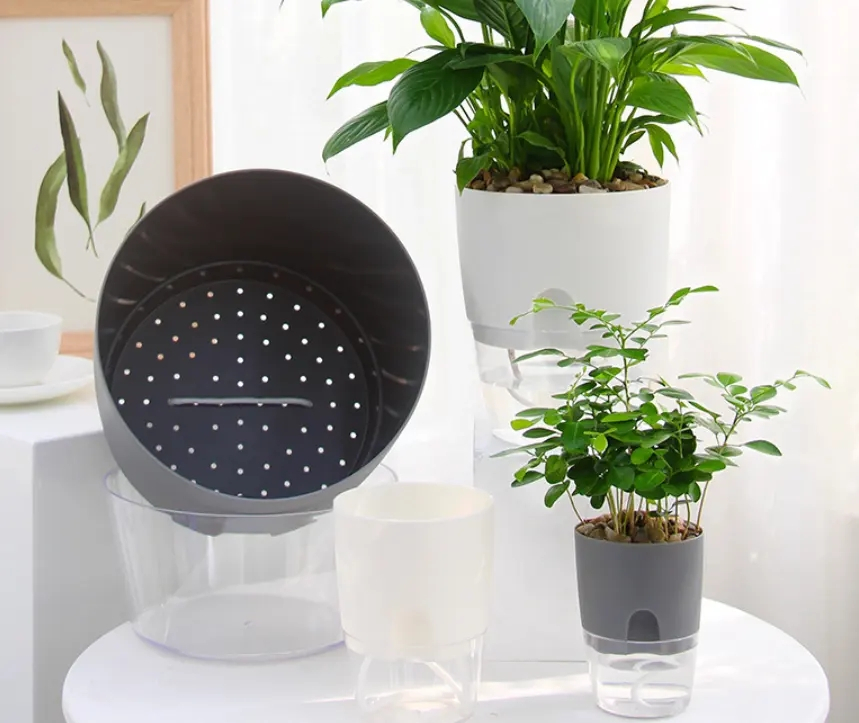 (5er Set) Selbstbewässerungs Blumen Topf Pflanzenkübel Küchen Kräuter Übertopf mit Wasserspeicher - Grau