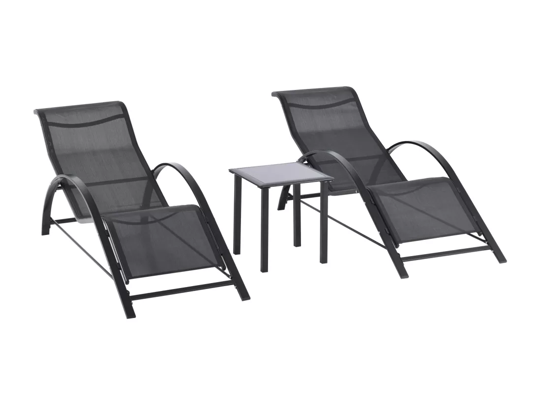 Lot de 2 bains de soleil design contemporain table basse plateau verre trempé métal époxy textilène noir