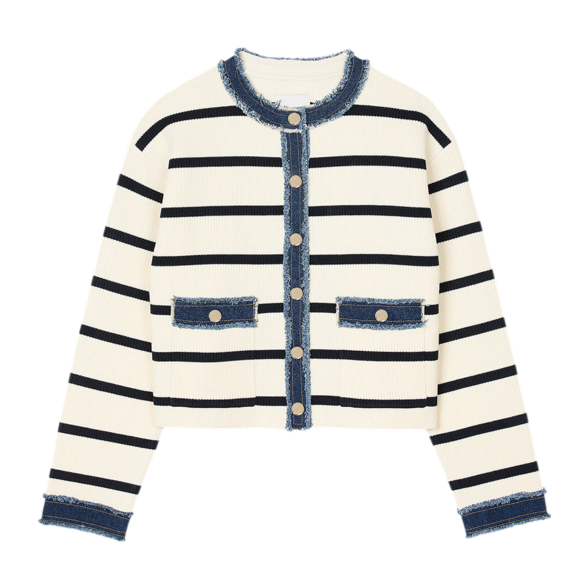 Cardigan rayé à détails denim | Blanc