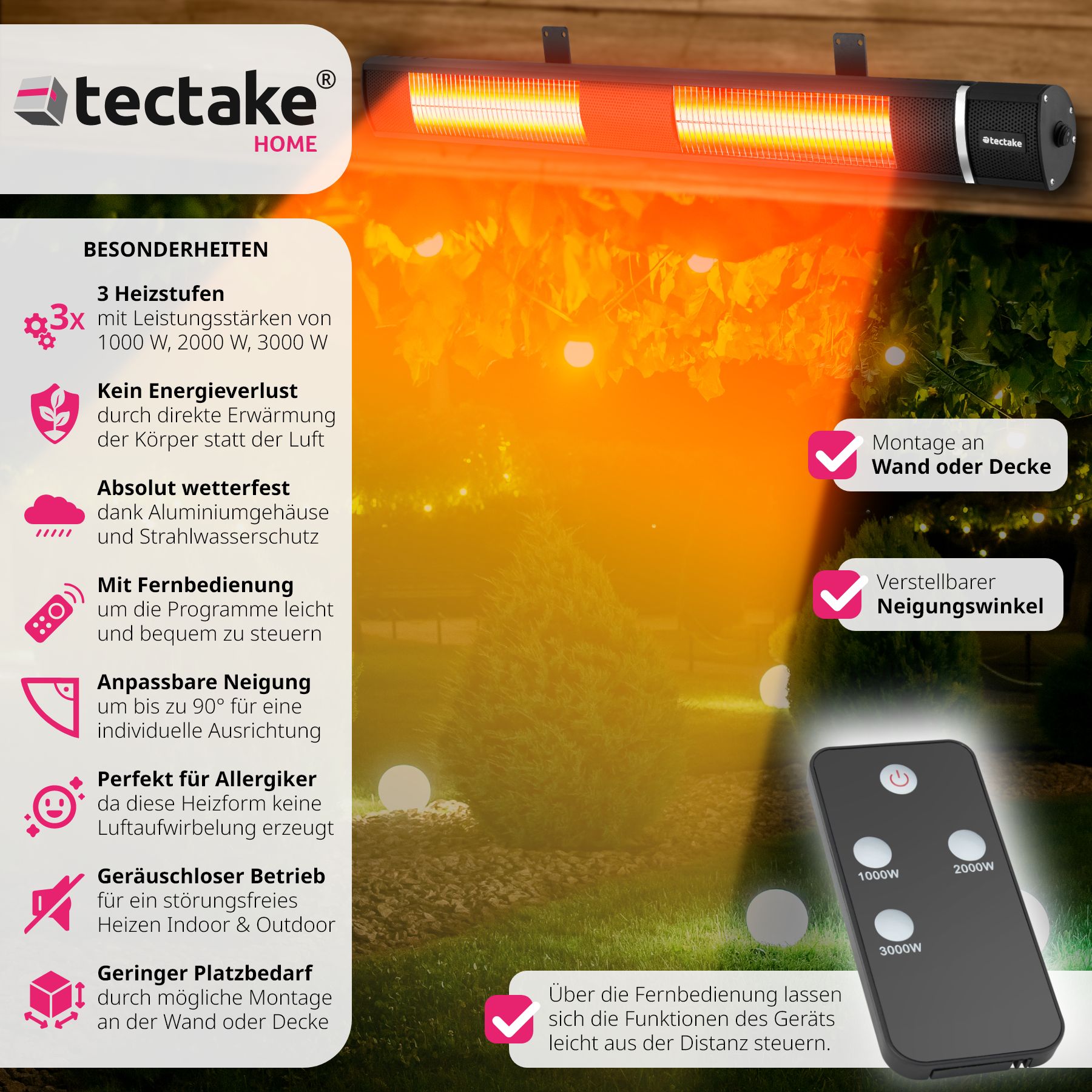 tectake® Infrarotheizstrahler , 3 Leistungsstufen, 1000, 2000 und 3000 W, Aluminiumgehäuse, neigbar, einfache Montage, 95 x 11 x 10,5 cm