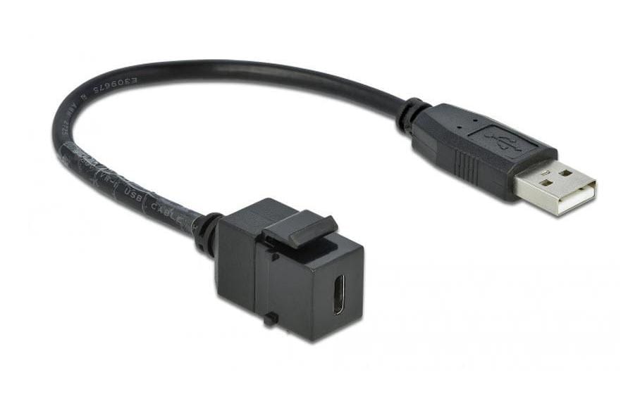 Keystone-Modul USB2.0 USB-A – USB-C, 25cm schwarzDelock Keystone Modul USB 2.0 C Buchse > USB 2.0 A Stecker mit Kabel