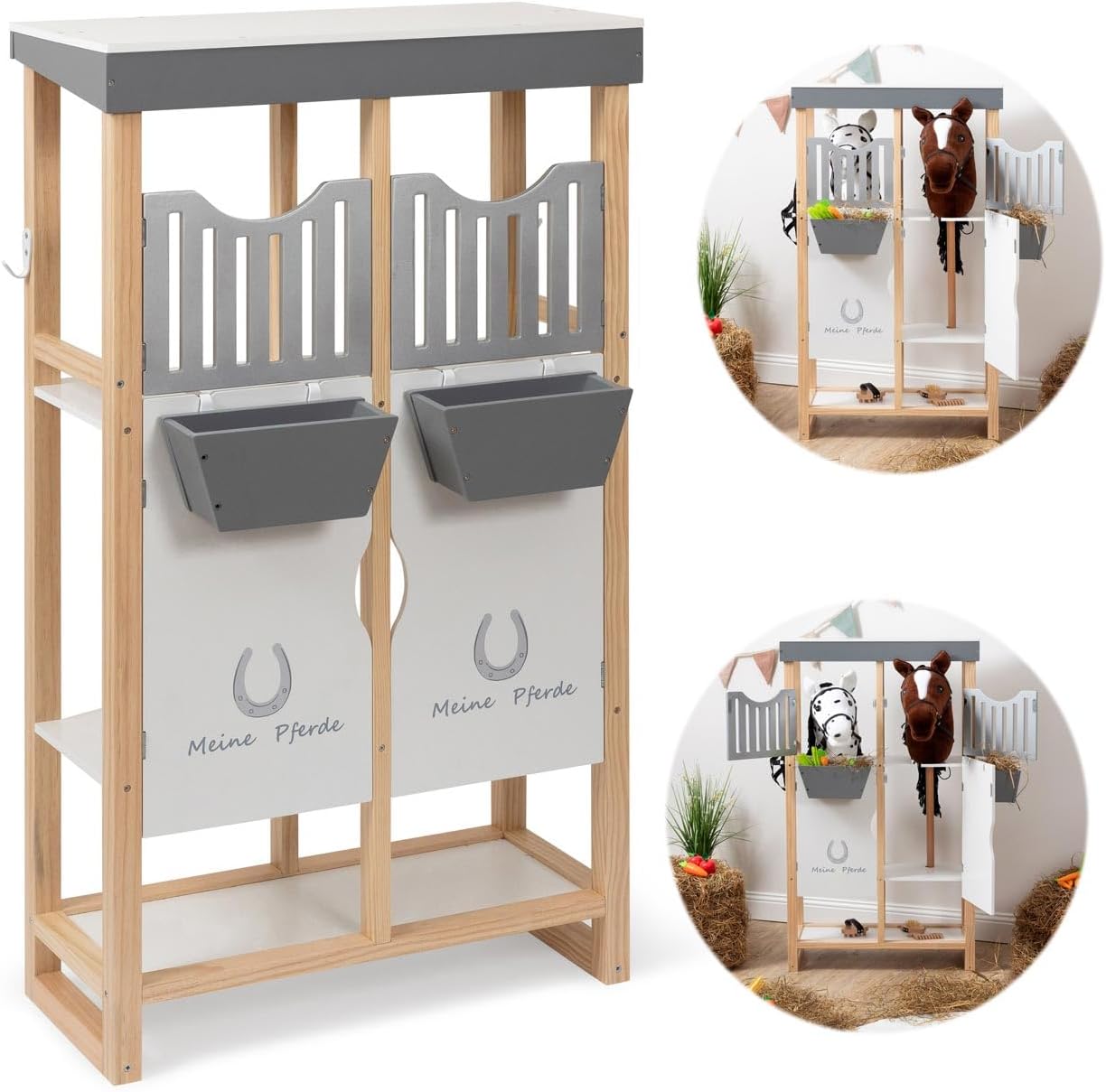 ELLA & PIET® Hobby Horse Stall Shelty aus Holz mit 2-teiliger Stalltür (Holz-Weiß) Pferdestall Holzstall für Pferde