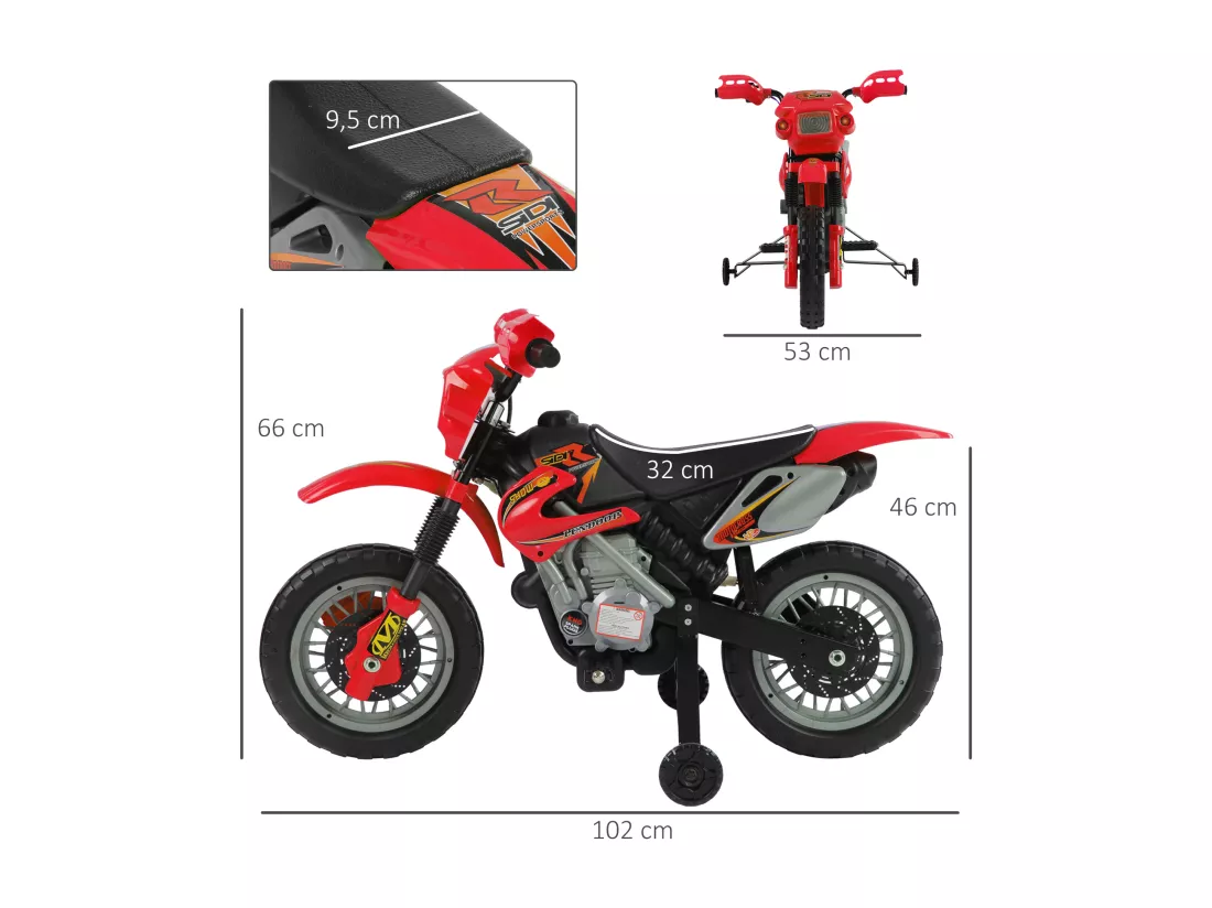 Moto cross électrique enfant 3 à 6 ans 6 V phares klaxon musiques 102 x 53 x 66 cm rouge et noir