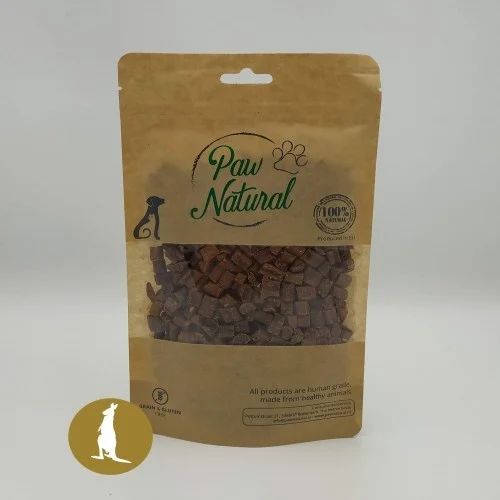 Petiscos naturais com sabor de canguru da Paw para cães.