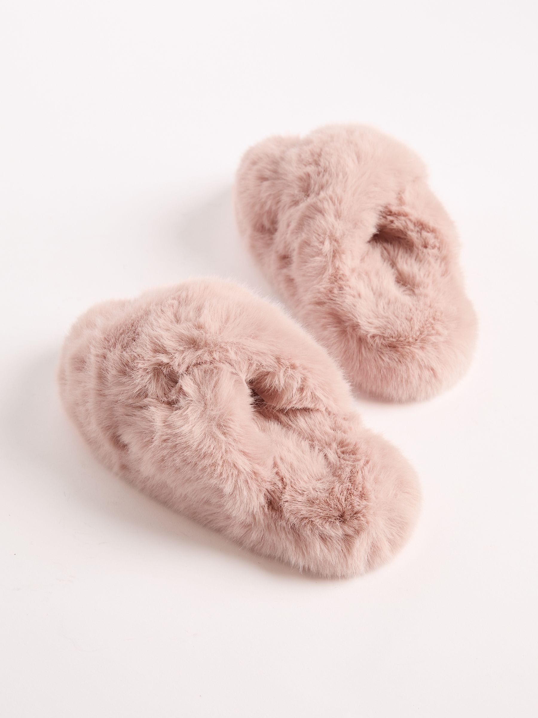 Roze - Lipsy pantoffels van imitatiebont met gekruiste banden