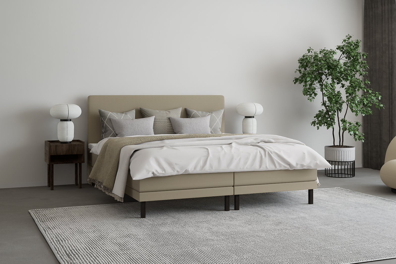 XOV Komfort 5 regulerbar seng 160x200 cm Tekstil Primo 05 beige, Komfort 5 overmadrass og sorte firkantede ben, gavl selges separate.