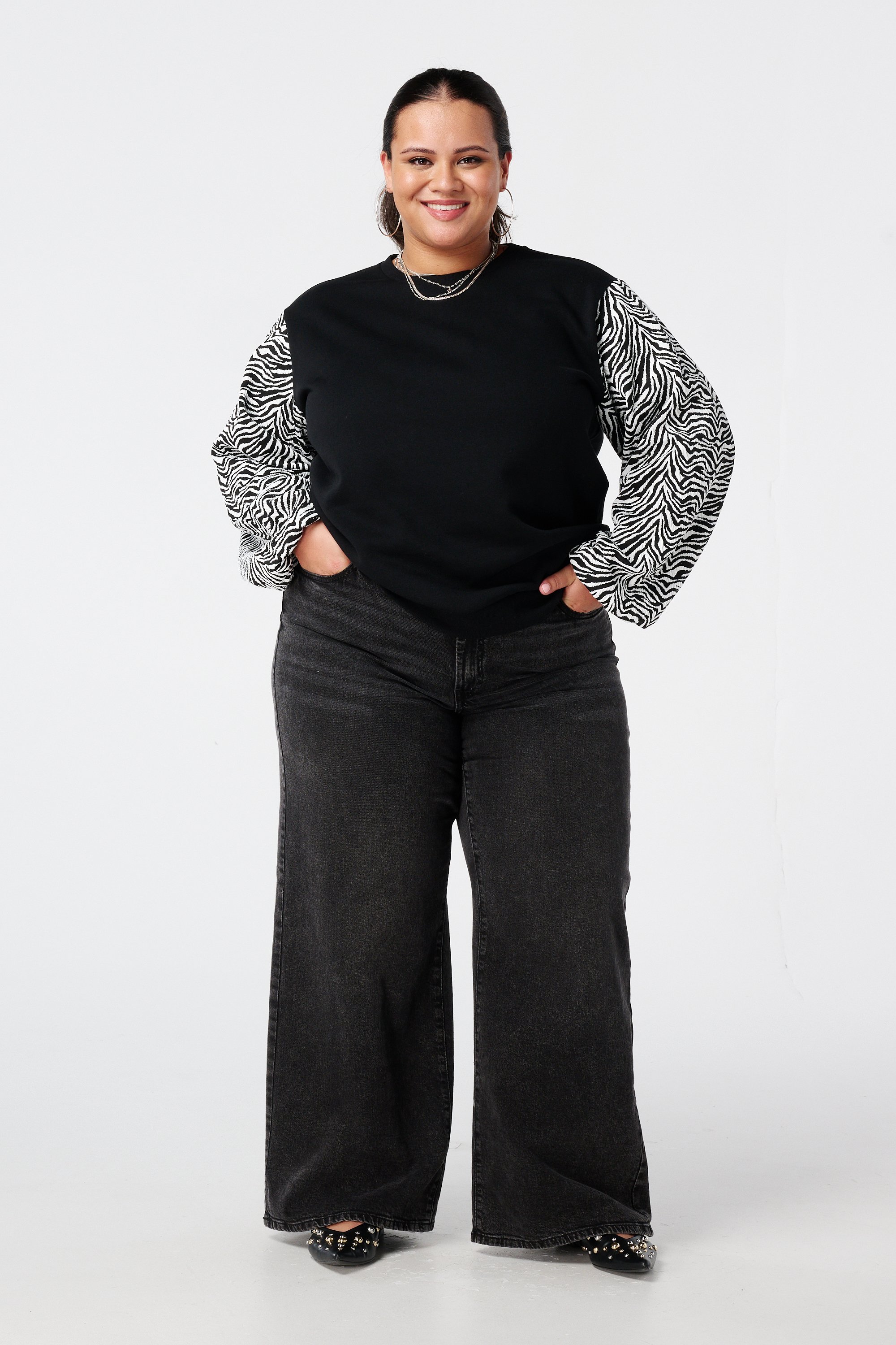 Sweater met ballonmouwen met opdruk Zwart