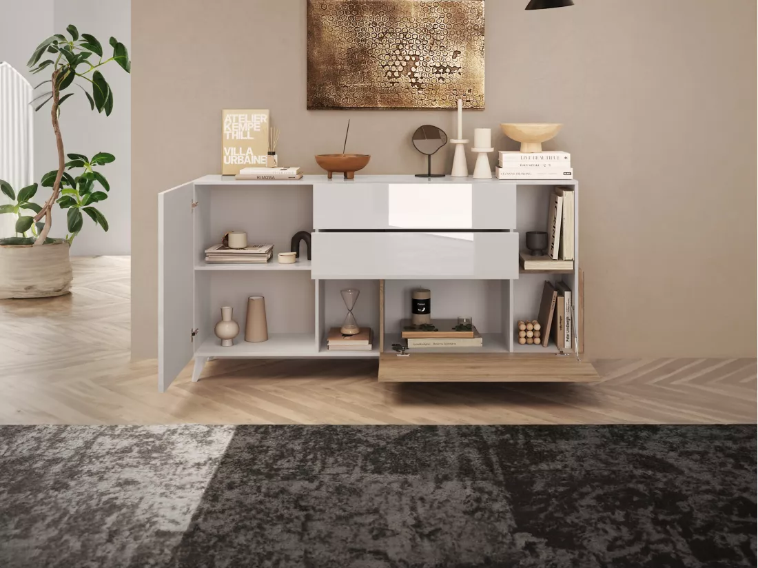 Buffet avec 2 portes, 2 tiroirs et 2 niches - Naturel et blanc laqué - DONALA