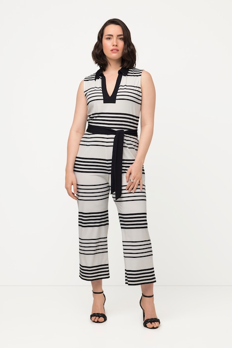 Jumpsuit, Streifen, Hemdkragen, weites Bein, ärmellos