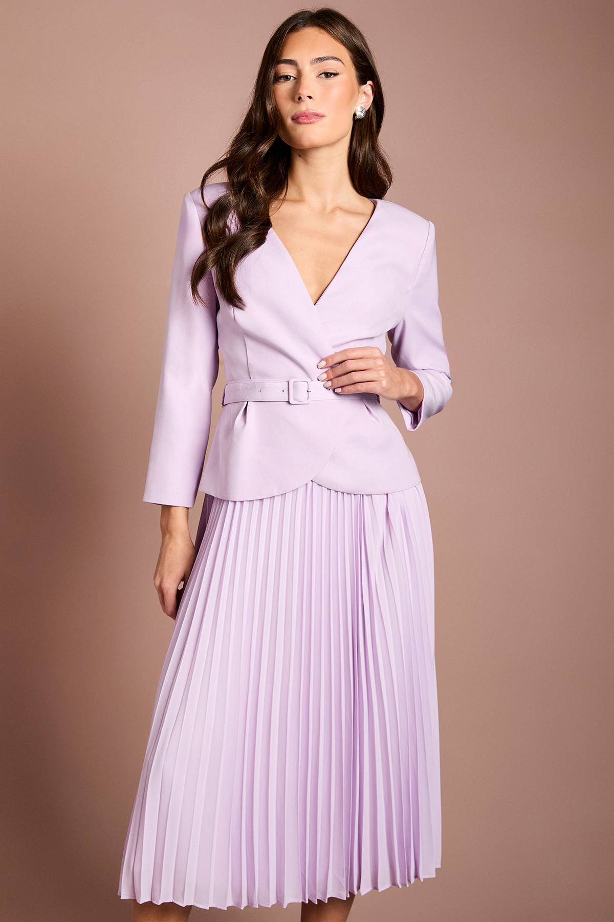 Coast Robe Midi Plissée à Manches Longues et Corsage en Crêpe