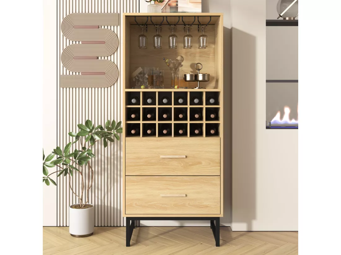 Buffet de cuisine avec casier à vin 18 bouteilles et 2 tiroirs - 60 x 39.5 x 141 cm - Panneau de particules - Coloris bois