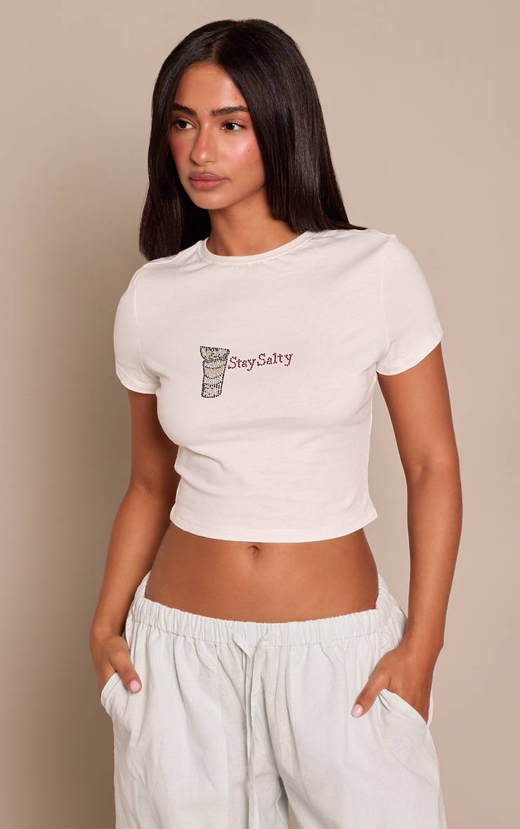 Blanc T-shirt Ajusté Petite À Slogan Graphique Orné De Strass