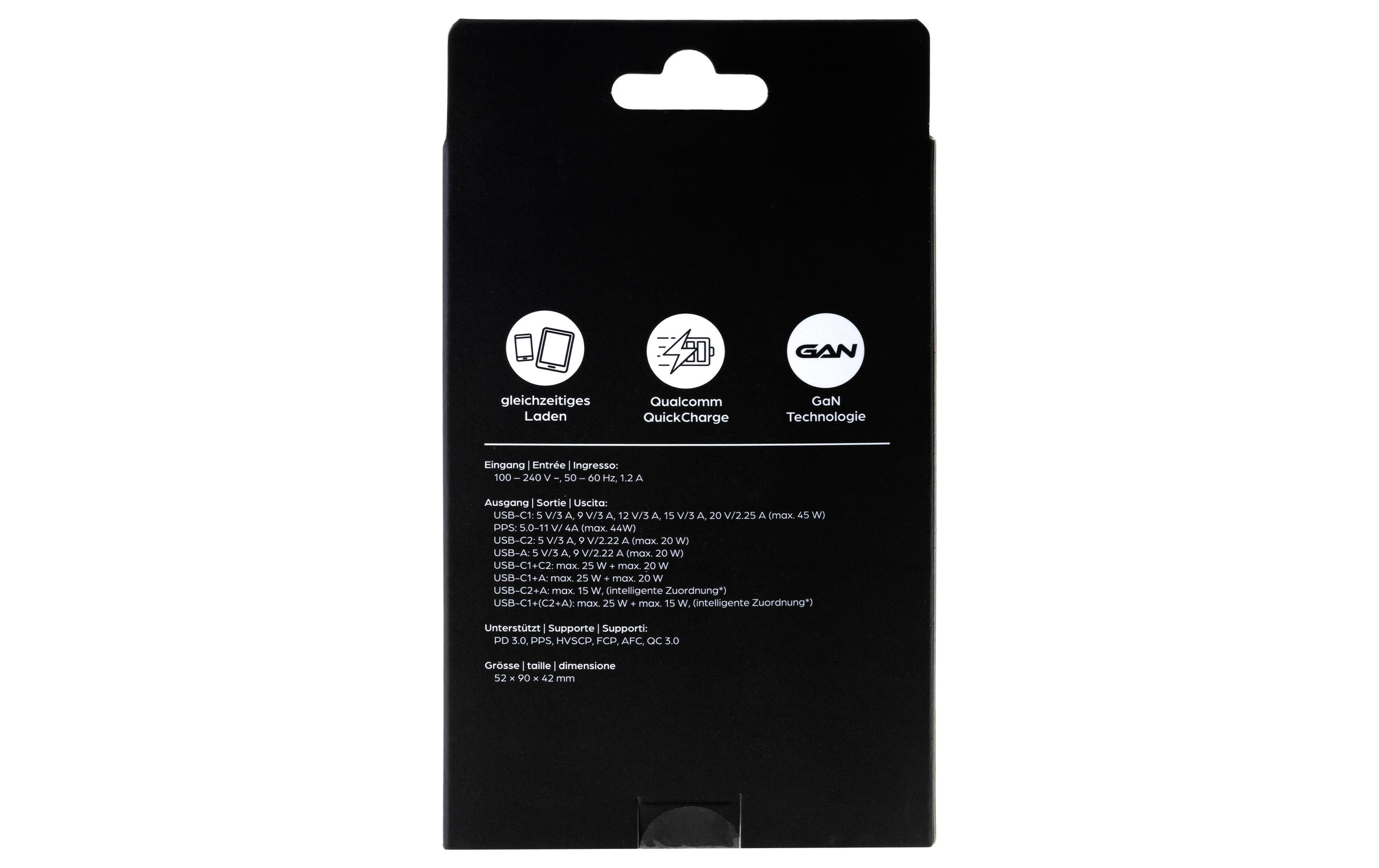 USB-Wandladegerät Triple 2C1A 45 W GaN SchwarzLadeadapter mit zwei USB-C-Ports und einem USB-A-Port