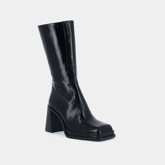 Bottes à talons, plateformes et bouts ca...  en cuir brillant noir