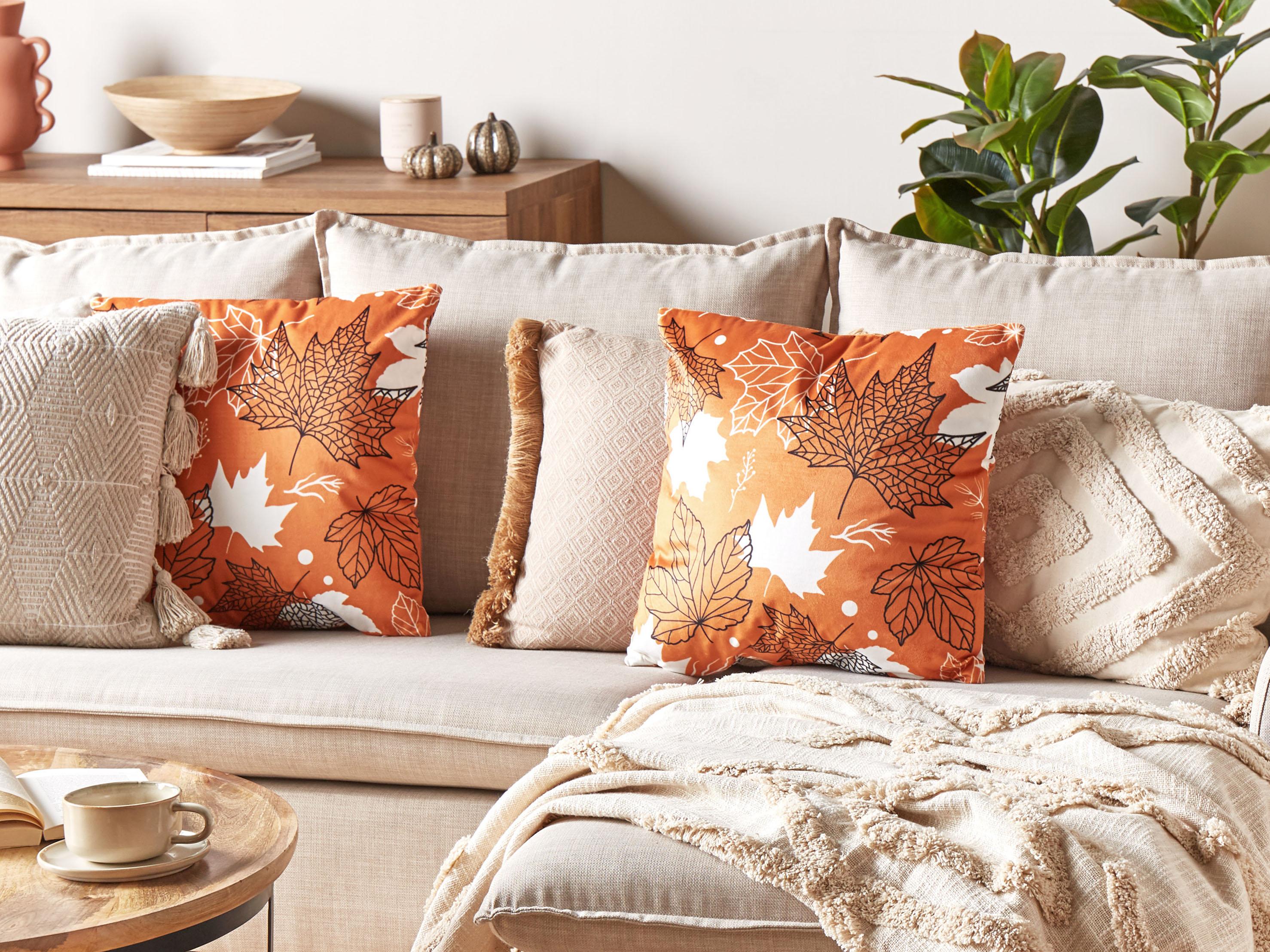 Sierkussen POINSETTIA Fluweel 45 x 45 cm Oranje bladpatroon
